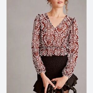 Anthropologie Jacquard Peasant Blouse